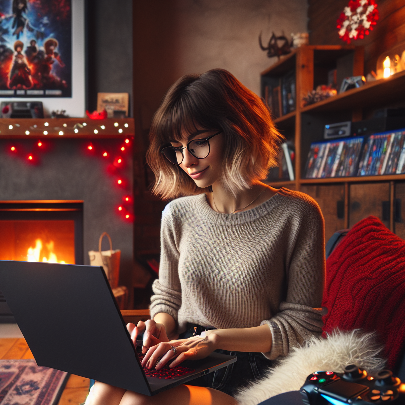 A 30-year-old woman with mid-length, dirty-blonde hair and glasses is sitting in her living room typing on her computer. It is winter and her home has a warm, cozy, gaming aesthetic.